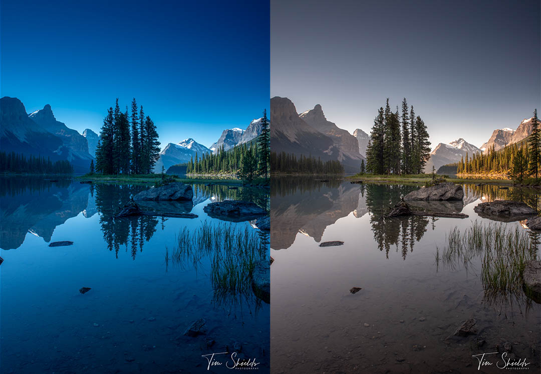 The before and after of removing a color cast caused by an ND filter. 